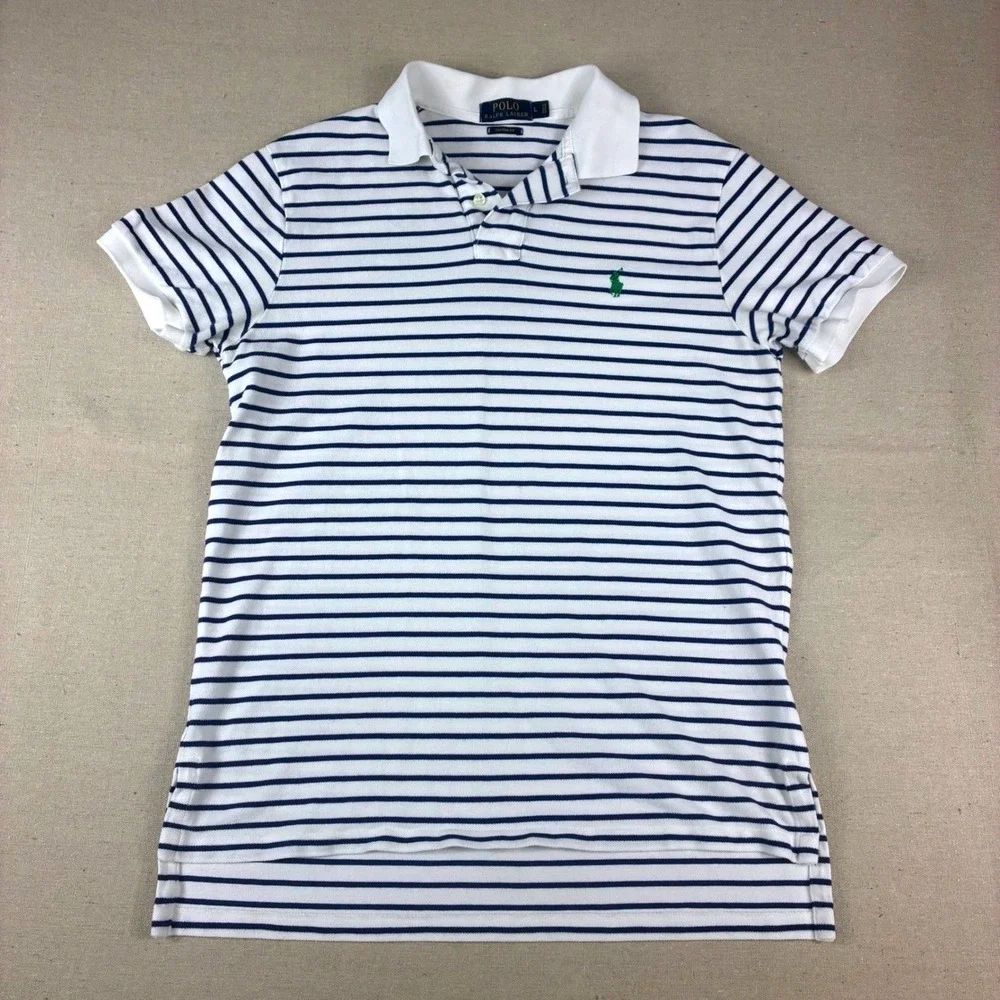 Polo Ralph Lauren Polo Shirt Mens L White Navy Blue‎ Striped Custom Fit Preppy